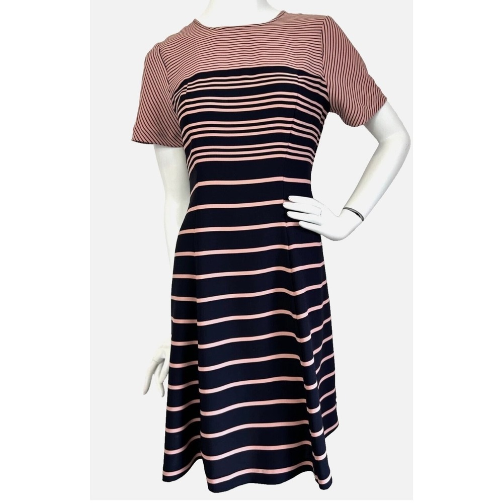 Ann Taylor Dress Size 6 Fit Flare Crew Short Sleeve Blue Makeup Stripe Zip EUC